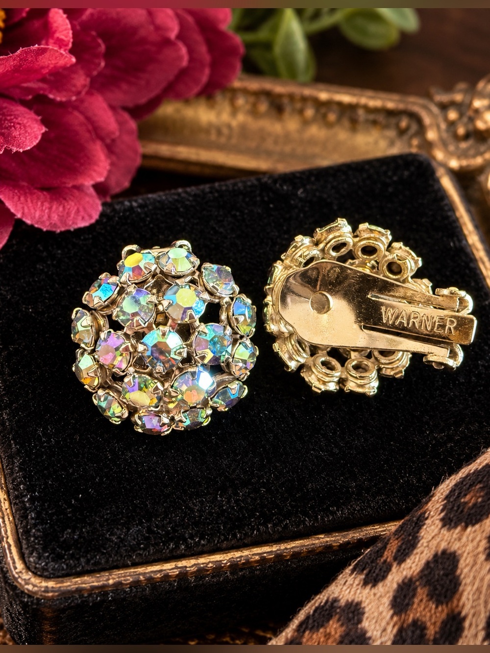 Vintage WARNER Signed Aurora Borealis Rhinestone Cluster Clip-On Earrings